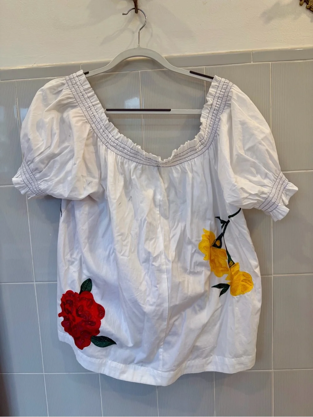 Anthropologie White Peasant Blouse with Multicolor Floral Embroidery NWOT